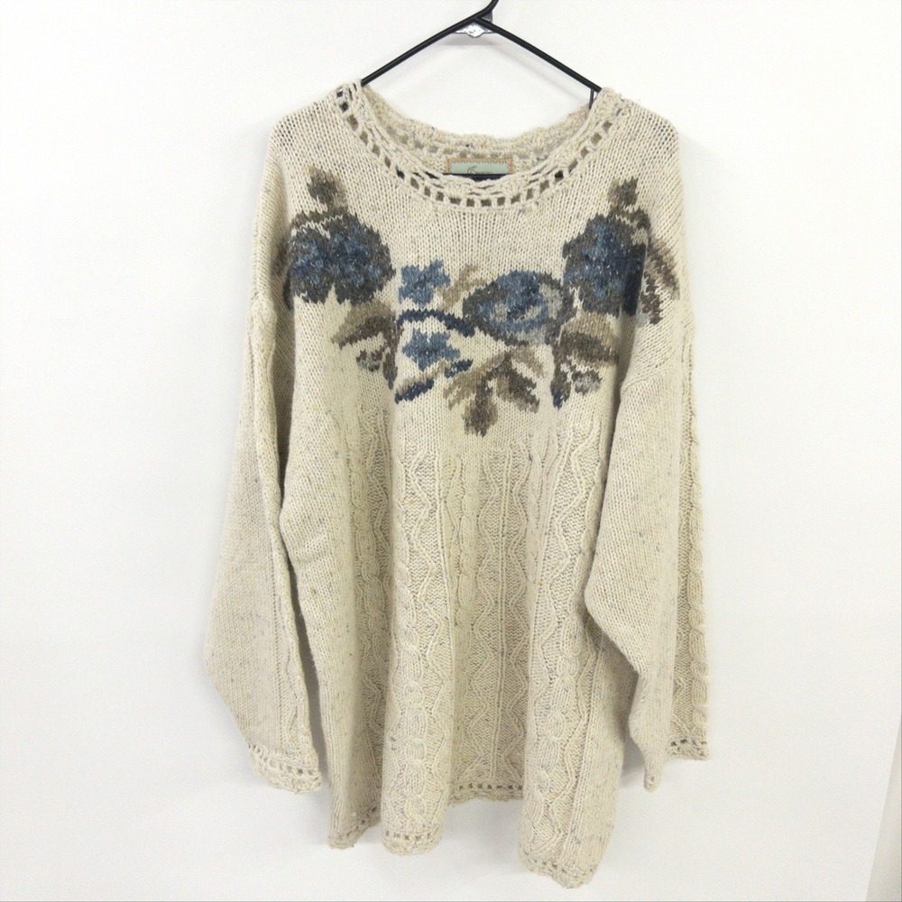 Angora Blend Cottagecore Cable‎ Knit Floral Sweater 22 24 Oversized Cozy Boho